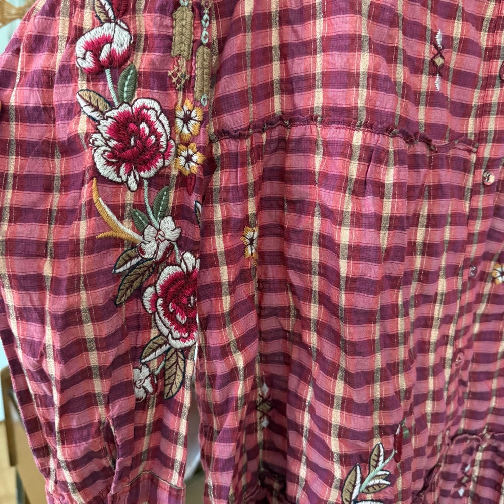 Johnny Was NWT Burgundy Maroon Anacapri Tiered Cotton Mini Dress RARE plaid - Picture 5 of 10